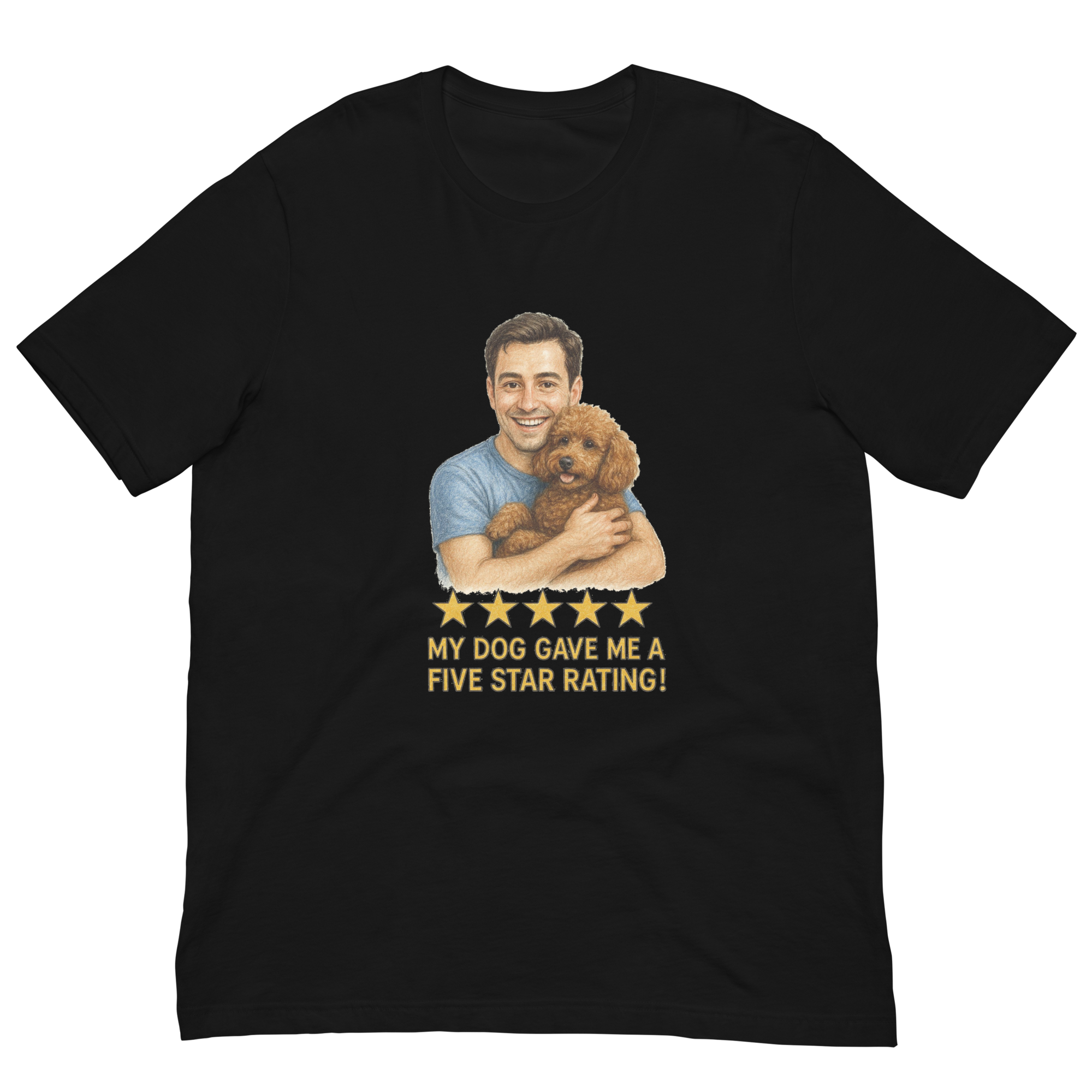 Brunette Man with Brown Poodle graphic tee.
