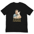 Brunette Man with Bull Terrier graphic tee.