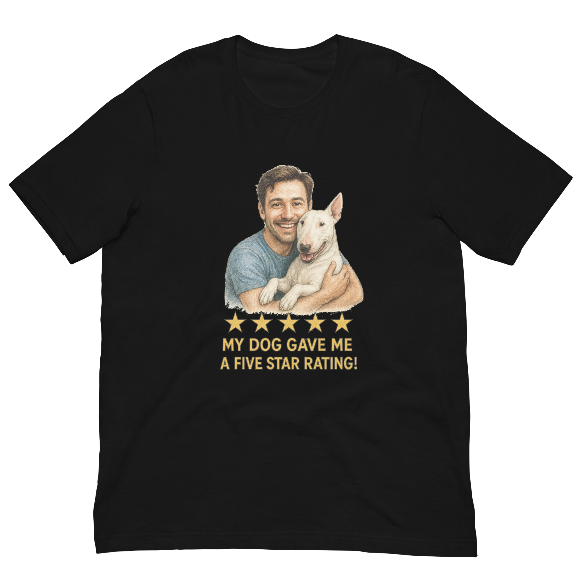 Brunette Man with Bull Terrier graphic tee.