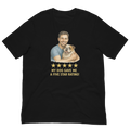 Brunette Man with Bulldog graphic tee.