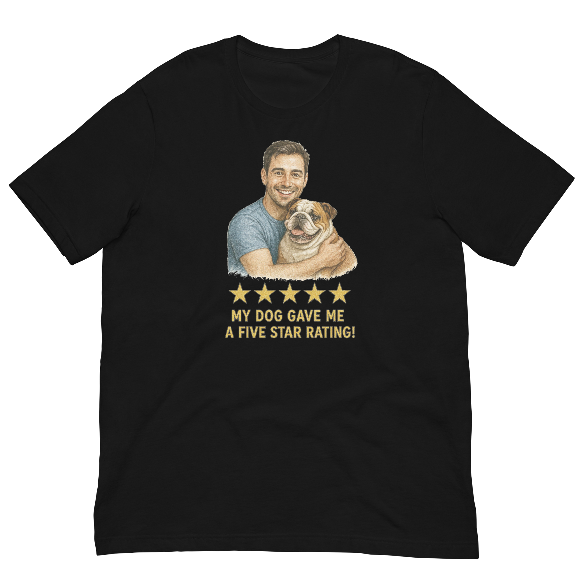 Brunette Man with Bulldog graphic tee.
