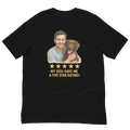 Brunette Man with Chocolate Labrador graphic tee.