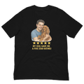 Brunette Man with Cocker Spaniel graphic tee.