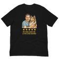 Brunette Man with Collie graphic tee.
