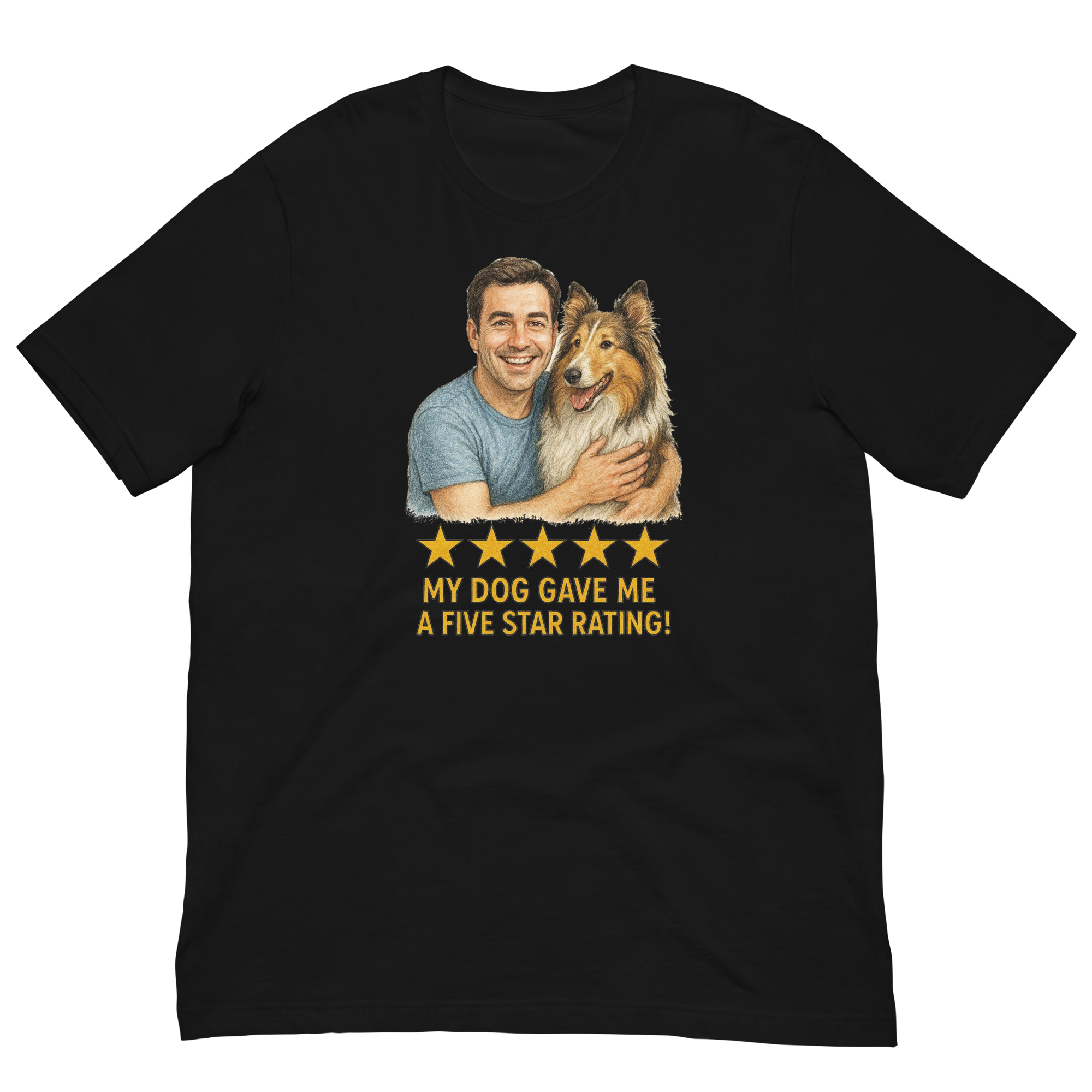 Brunette Man with Collie graphic tee.