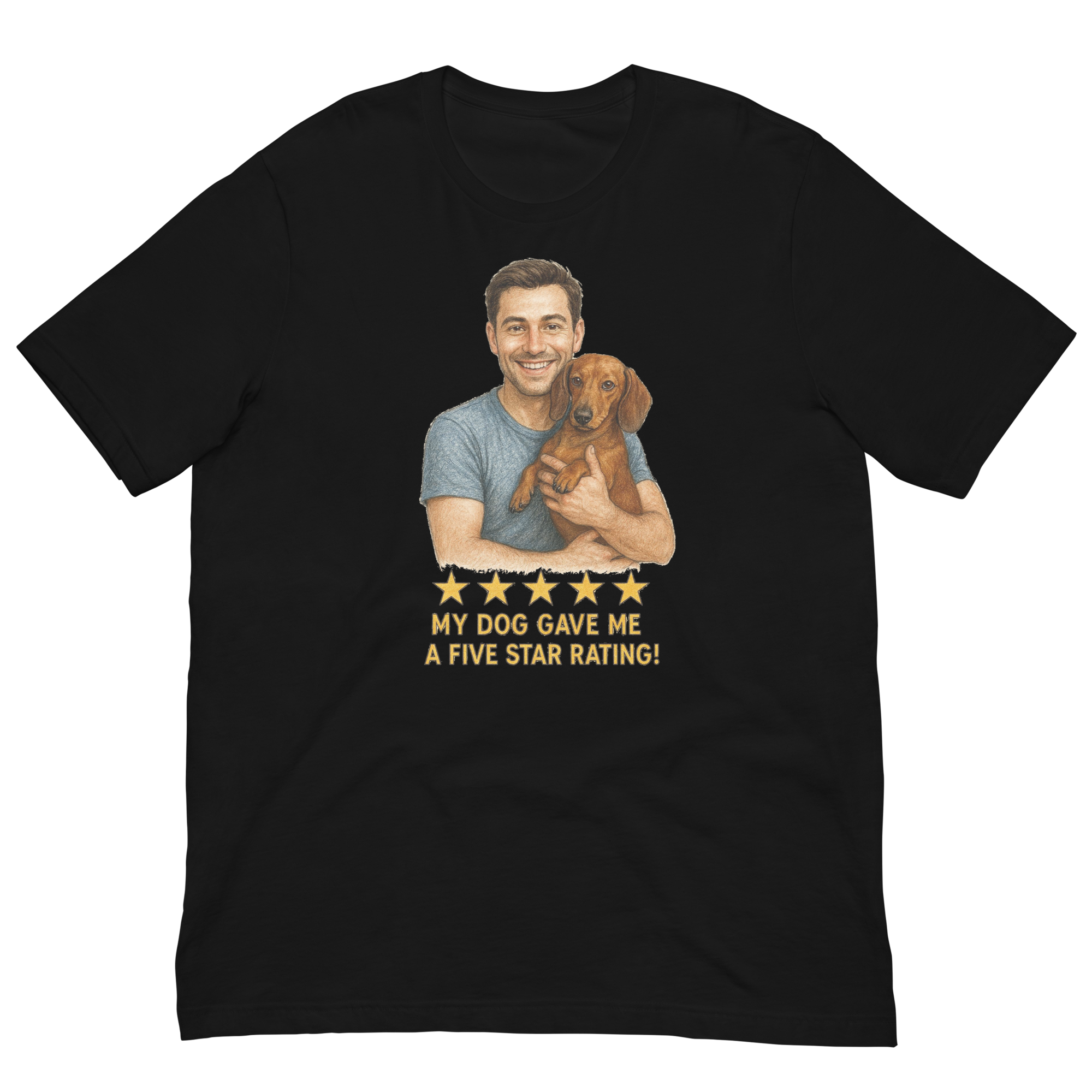Brunette Man with Dachshund graphic tee.