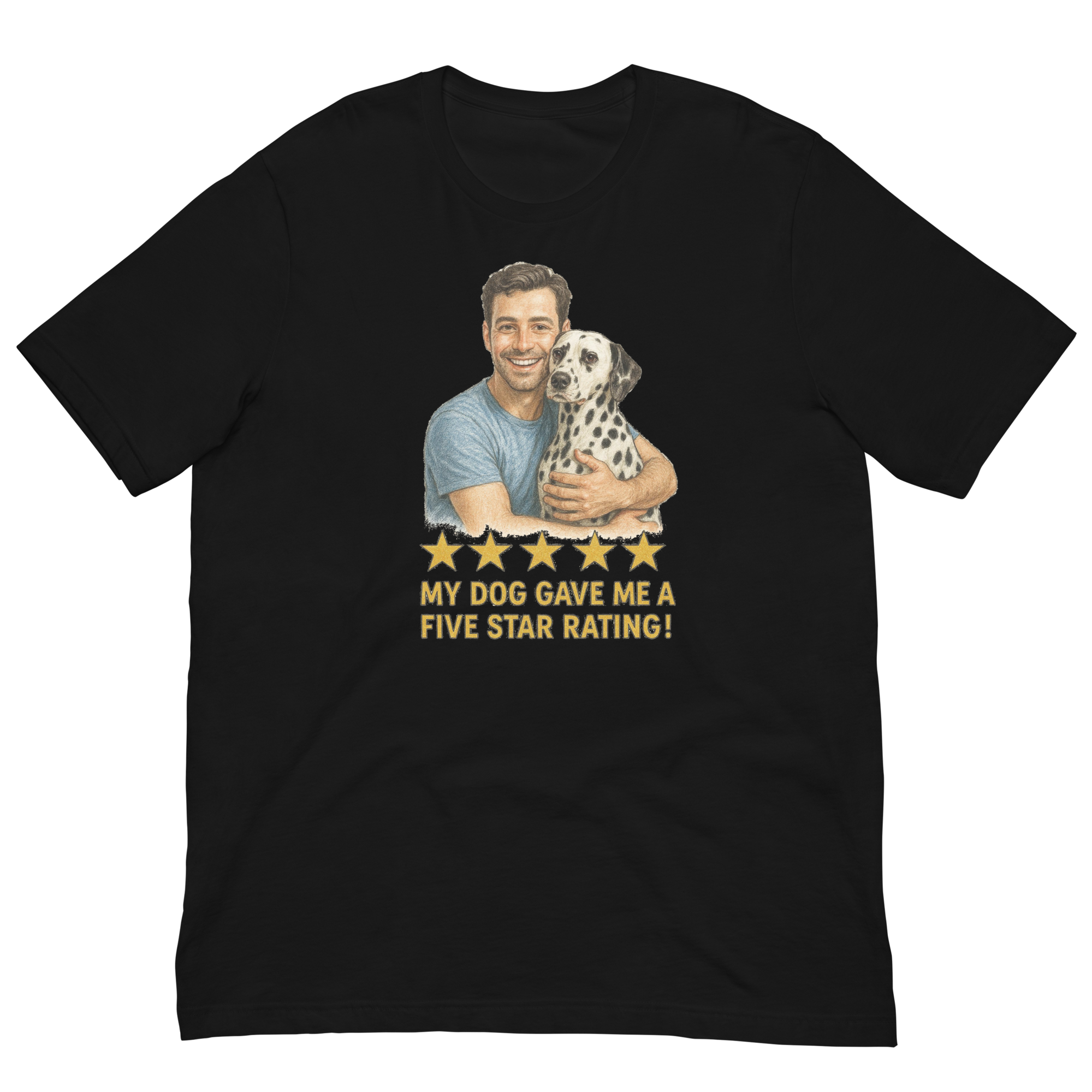 Brunette Man with Dalmatian graphic tee.