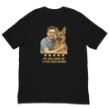 Brunette Man with German Shepherd graphic tee.