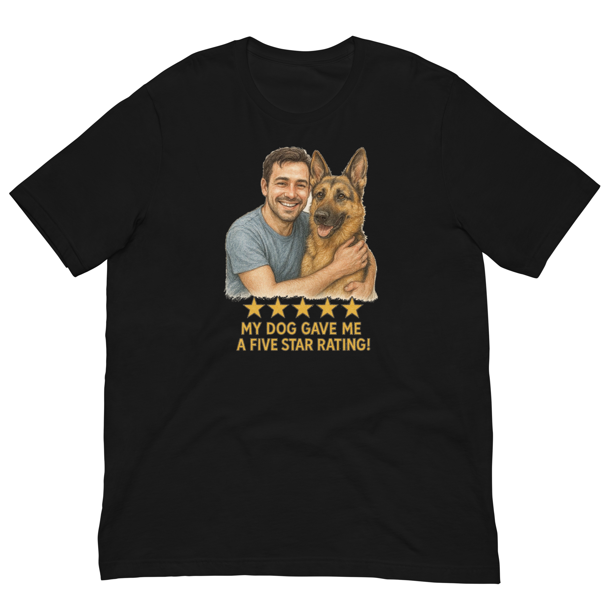 Brunette Man with German Shepherd graphic tee.