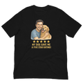 Brunette Man with Golden Retriever graphic tee.