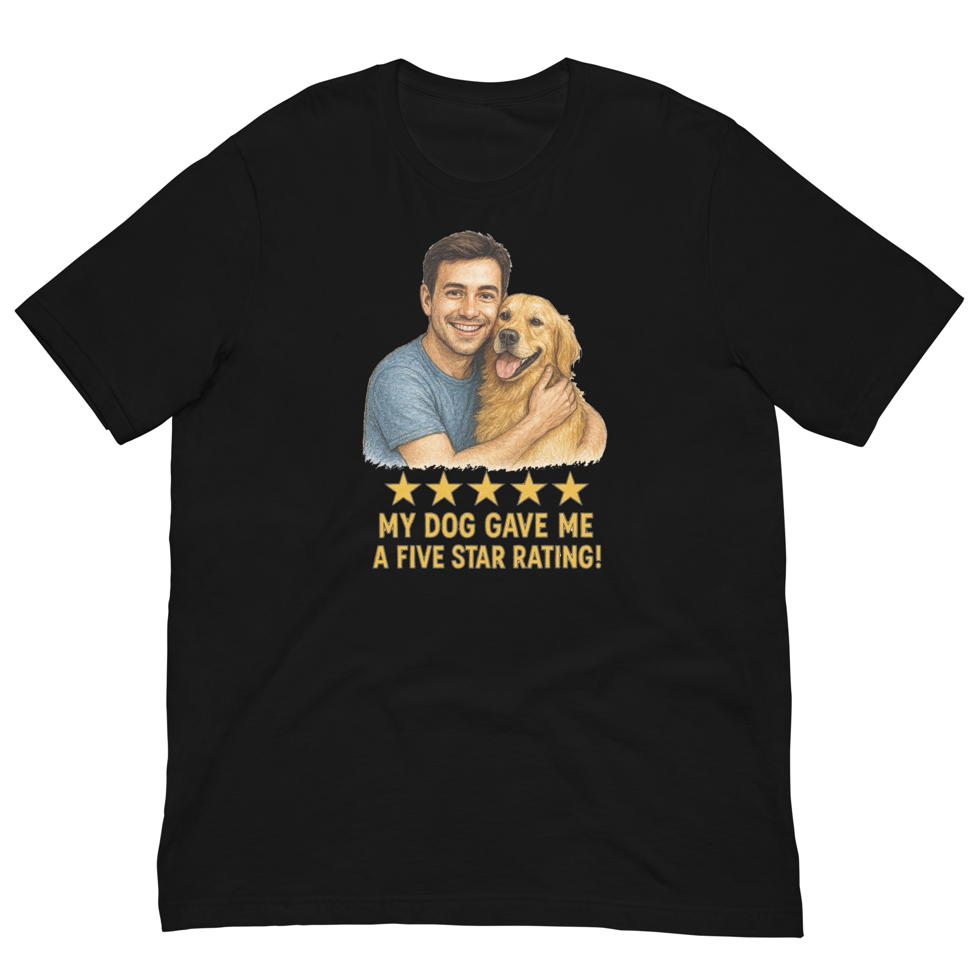 Brunette Man with Golden Retriever graphic tee.