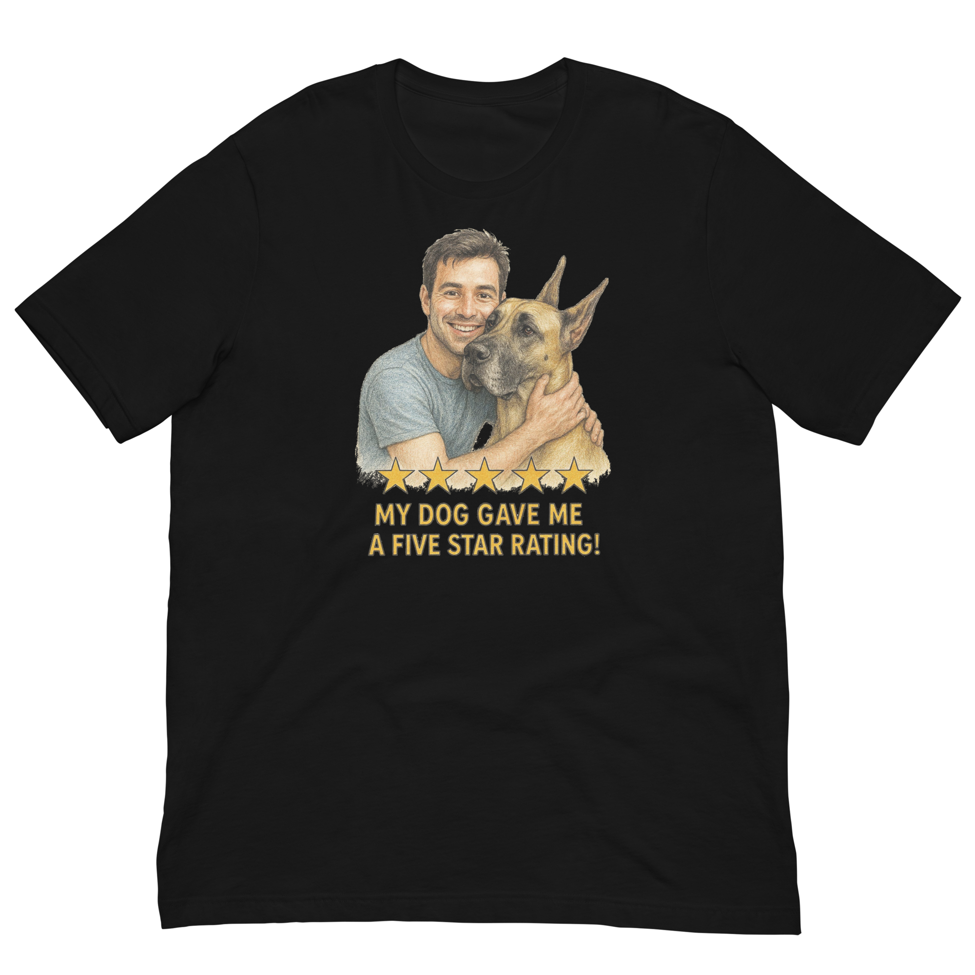 Brunette Man with Great Dane graphic tee.