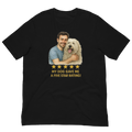 Brunette Man with Komondor graphic tee.
