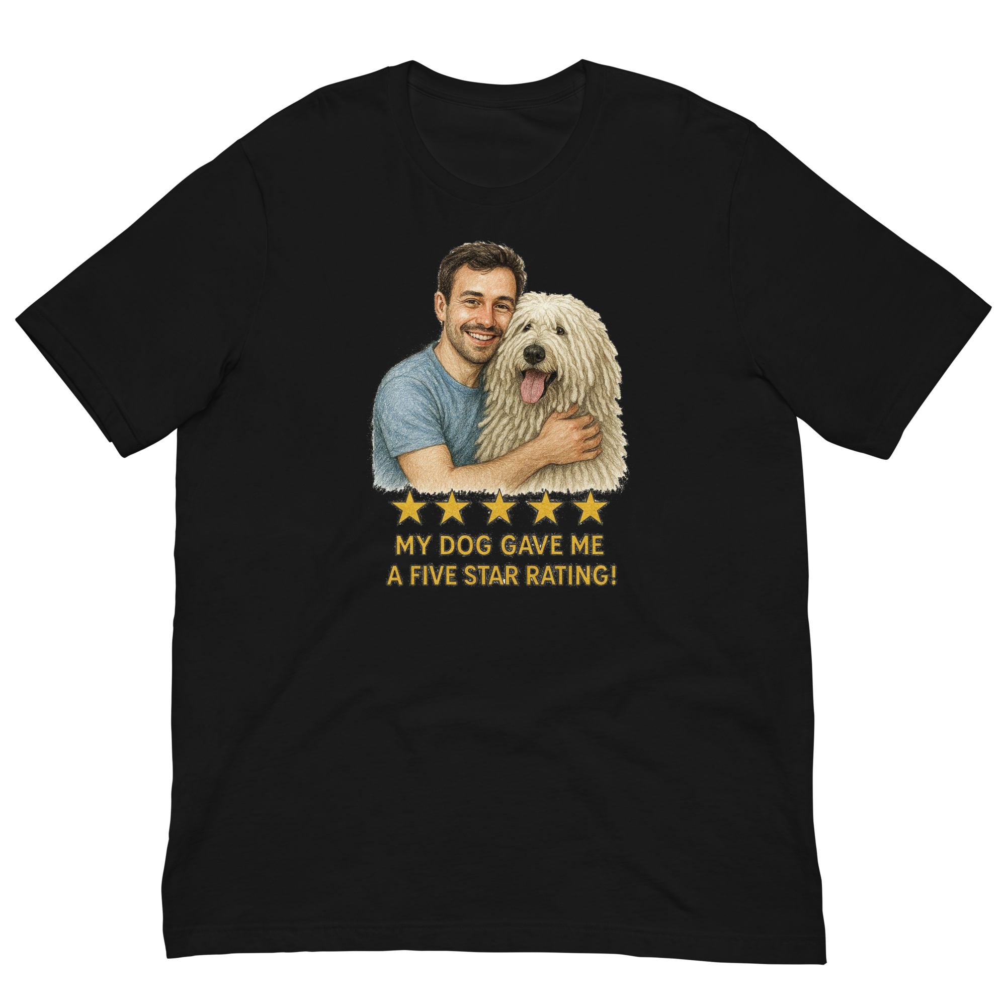 Brunette Man with Komondor graphic tee.