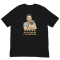 Brunette Man with Pug graphic tee.