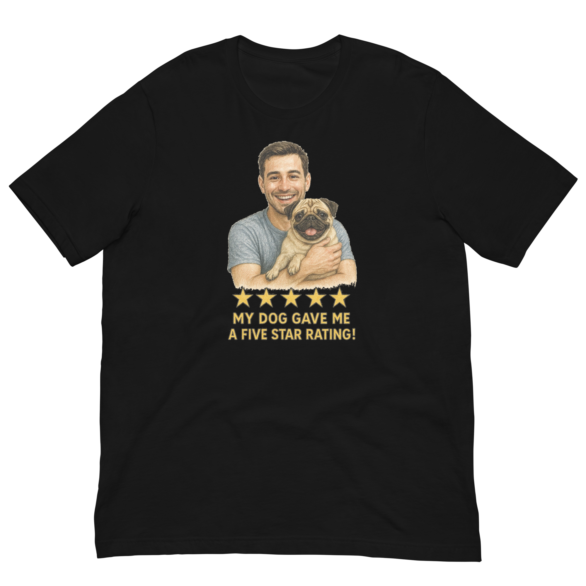 Brunette Man with Pug graphic tee.
