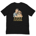 Brunette Man with Saint Bernard graphic tee.