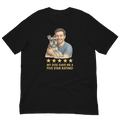 Brunette Man with Schnauzer graphic tee.