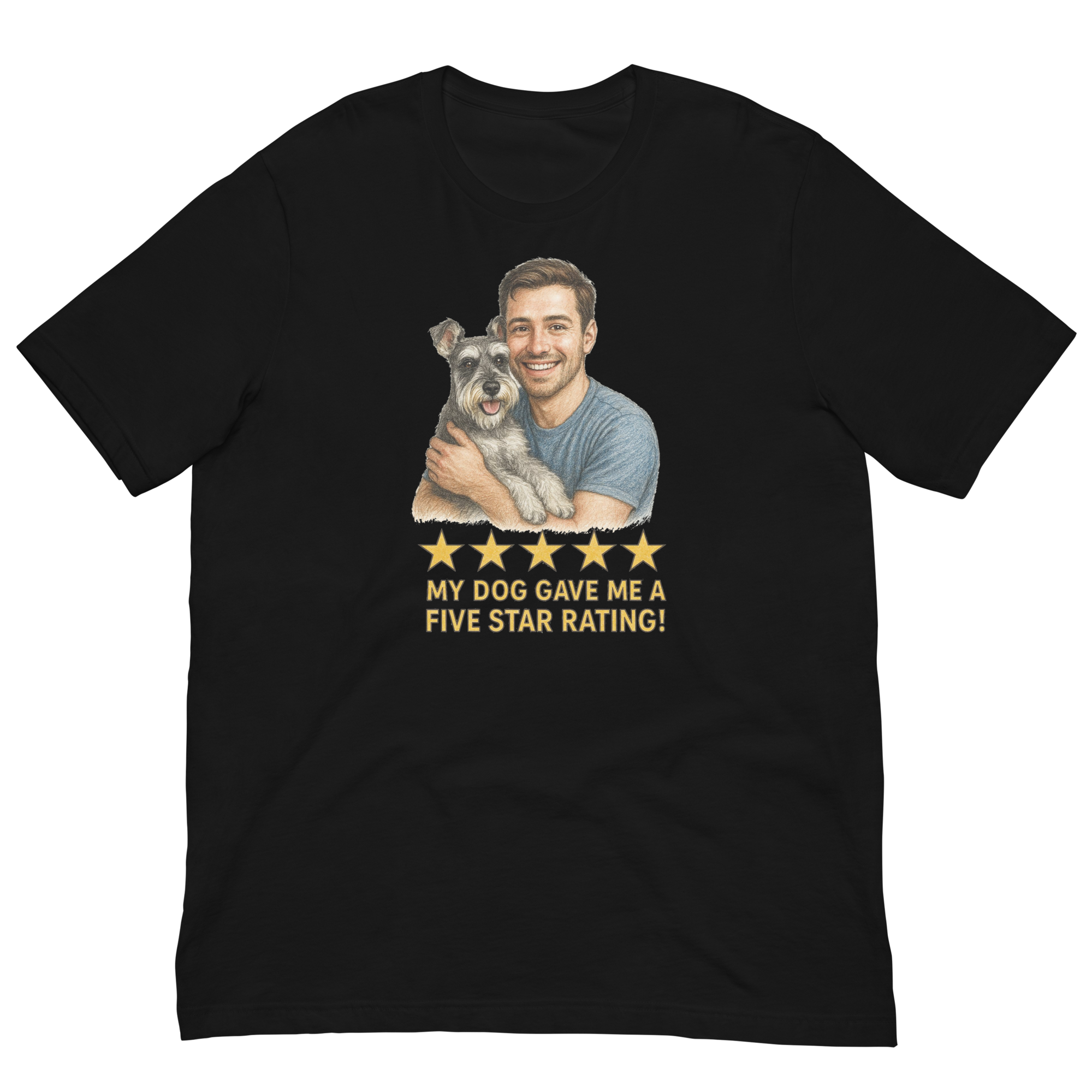 Brunette Man with Schnauzer graphic tee.