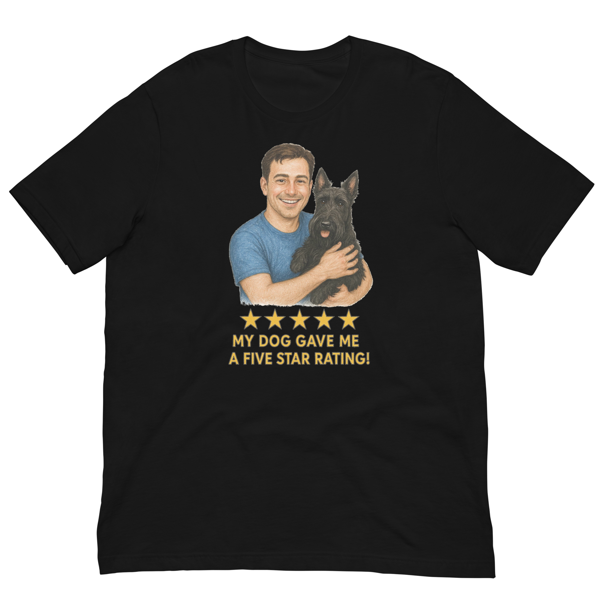 Brunette Man with Scottie graphic tee.