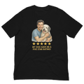 Brunette Man with Sheepdog graphic tee.