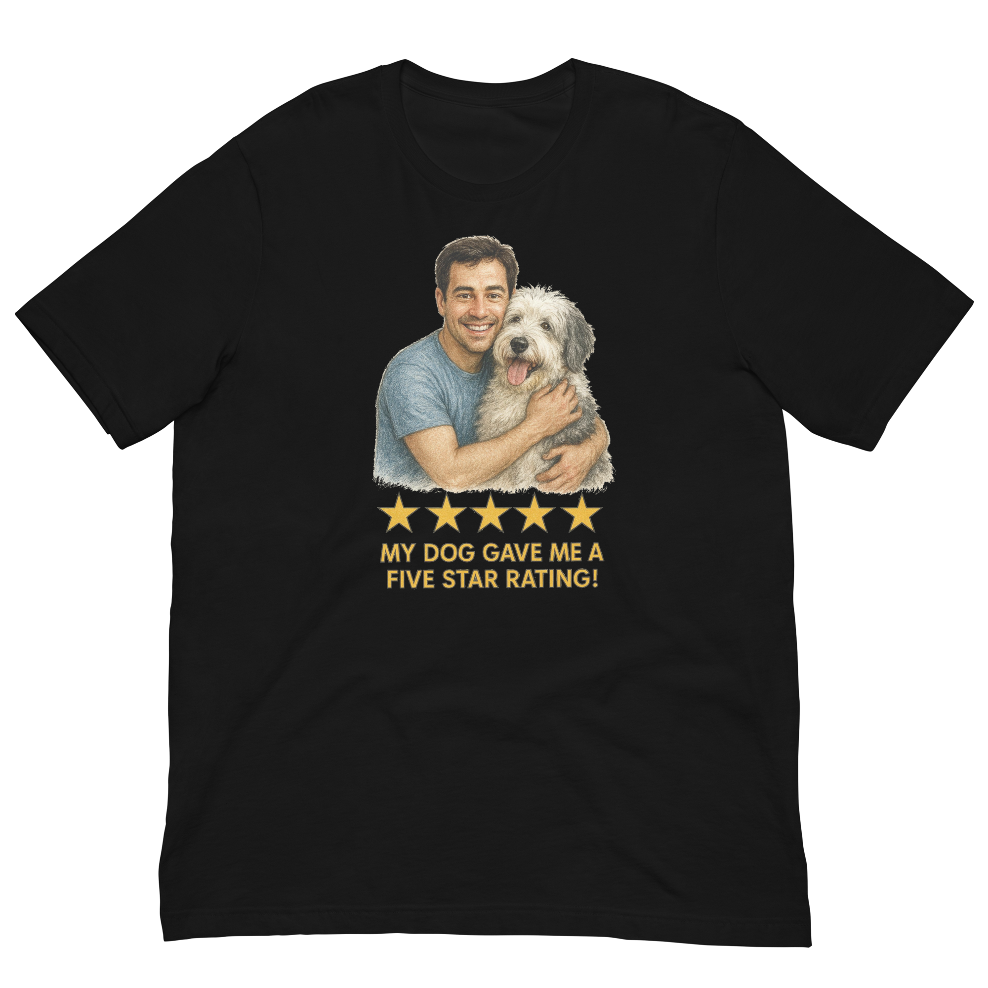 Brunette Man with Sheepdog graphic tee.