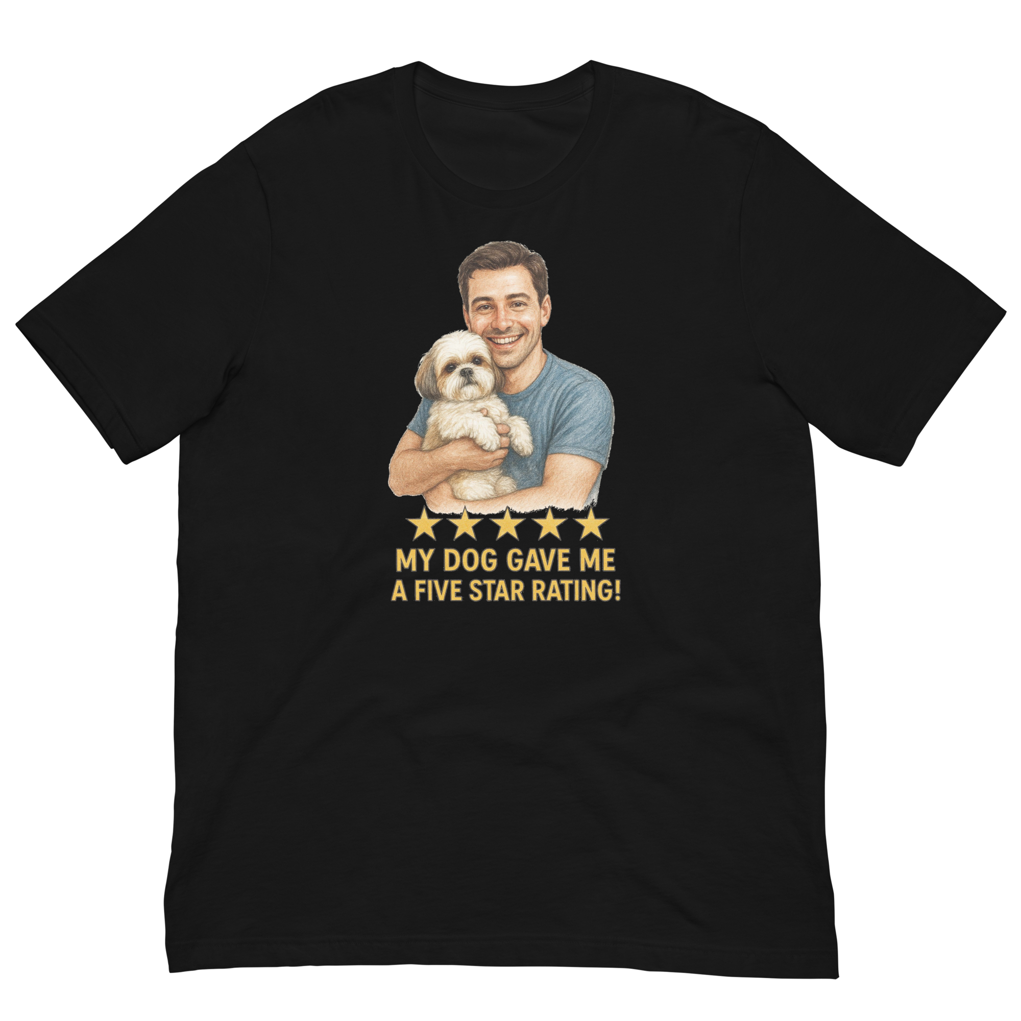 Brunette Man with Shih Tzu graphic tee.
