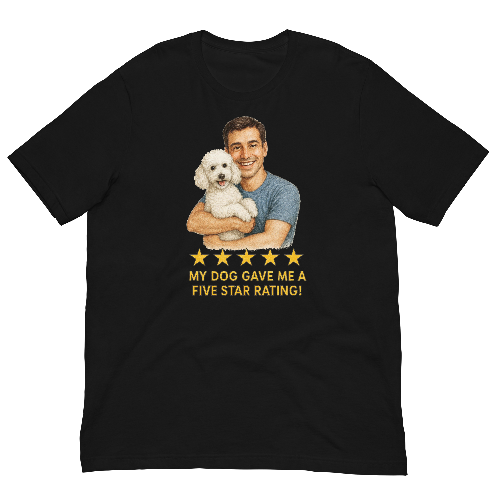 Brunette Man with White Poodle graphic tee.