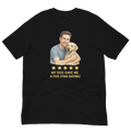 Brunette Man with Yellow Labrador graphic tee.