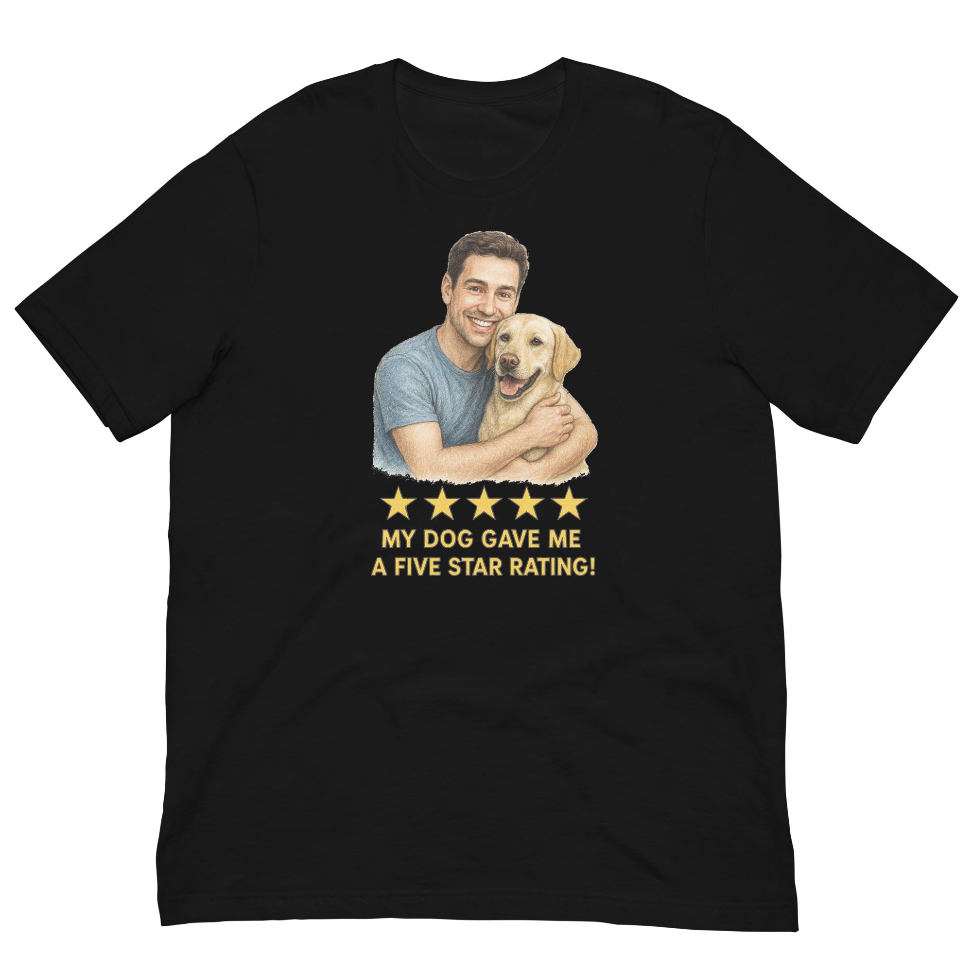 Brunette Man with Yellow Labrador graphic tee.
