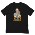 Brunette Man with Yorkie graphic tee.