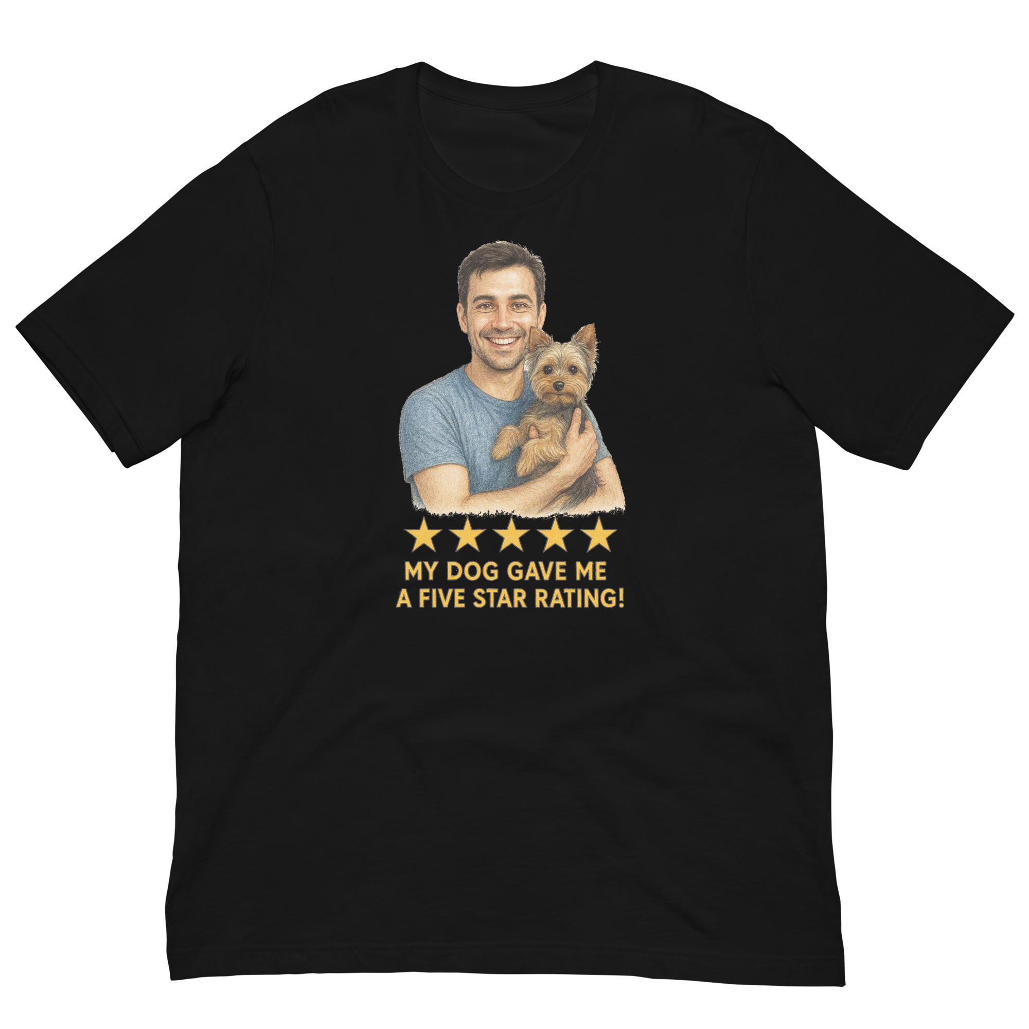 Brunette Man with Yorkie graphic tee.