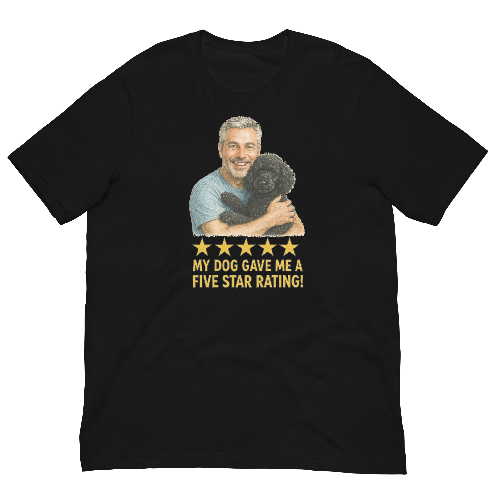 Salt & Pepper Man with Black Poodle graphic tee.