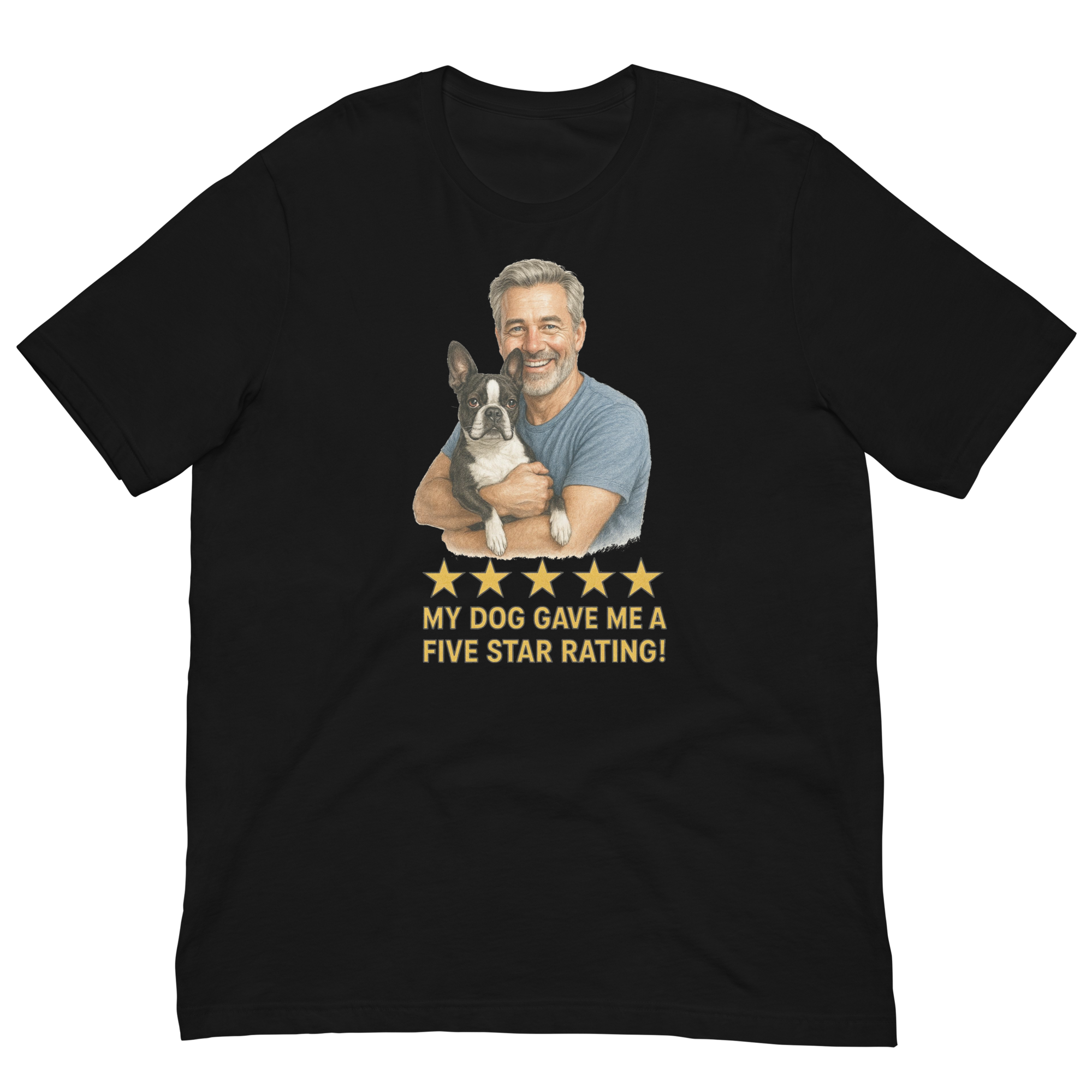 Salt & Pepper Man with Boston Terrier graphic tee.