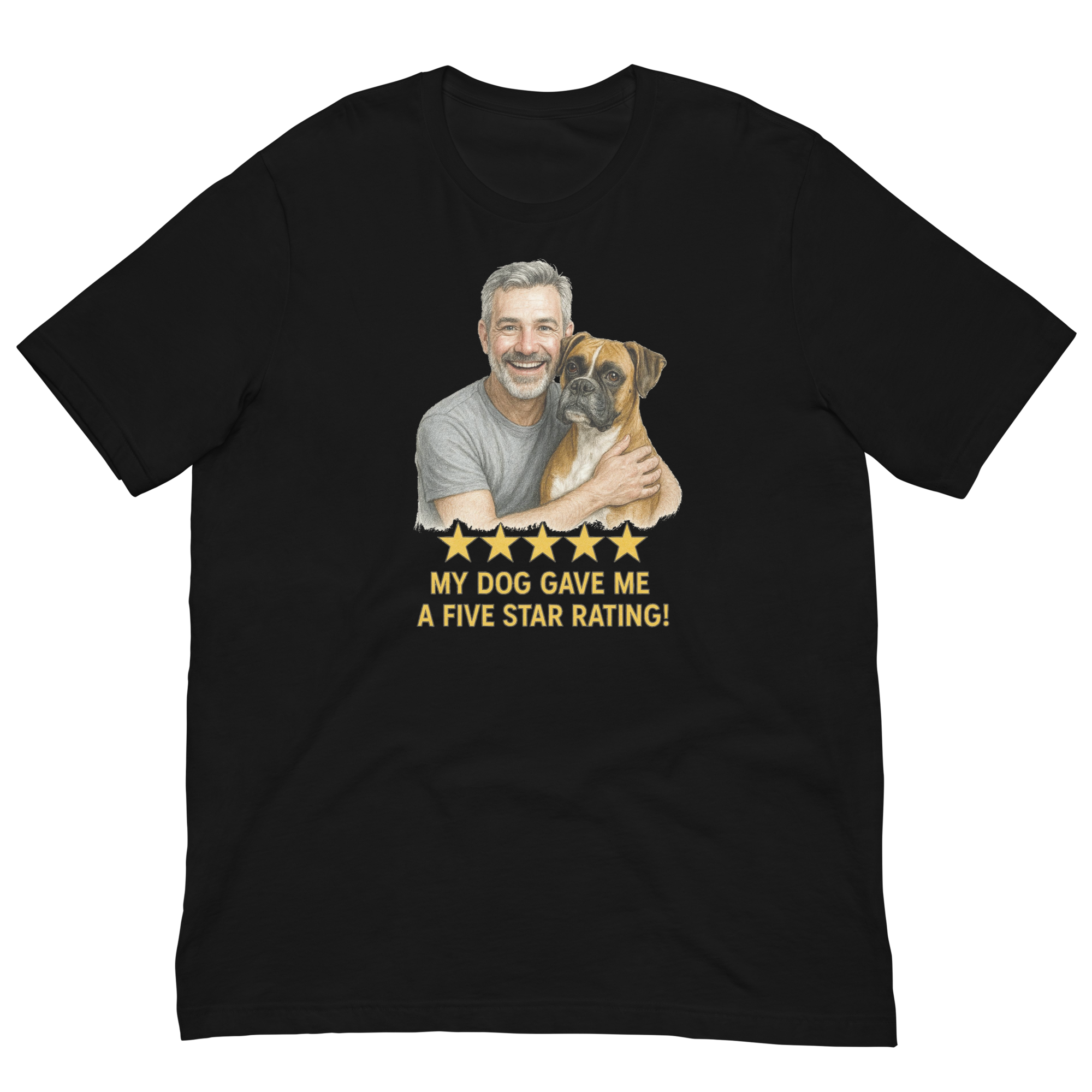 Salt & Pepper Man with Boxer graphic tee.