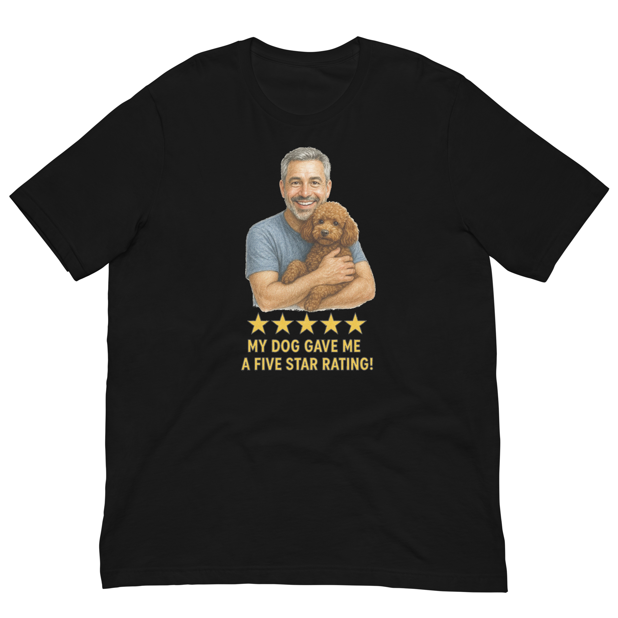 Salt & Pepper Man with Brown Poodle graphic tee.
