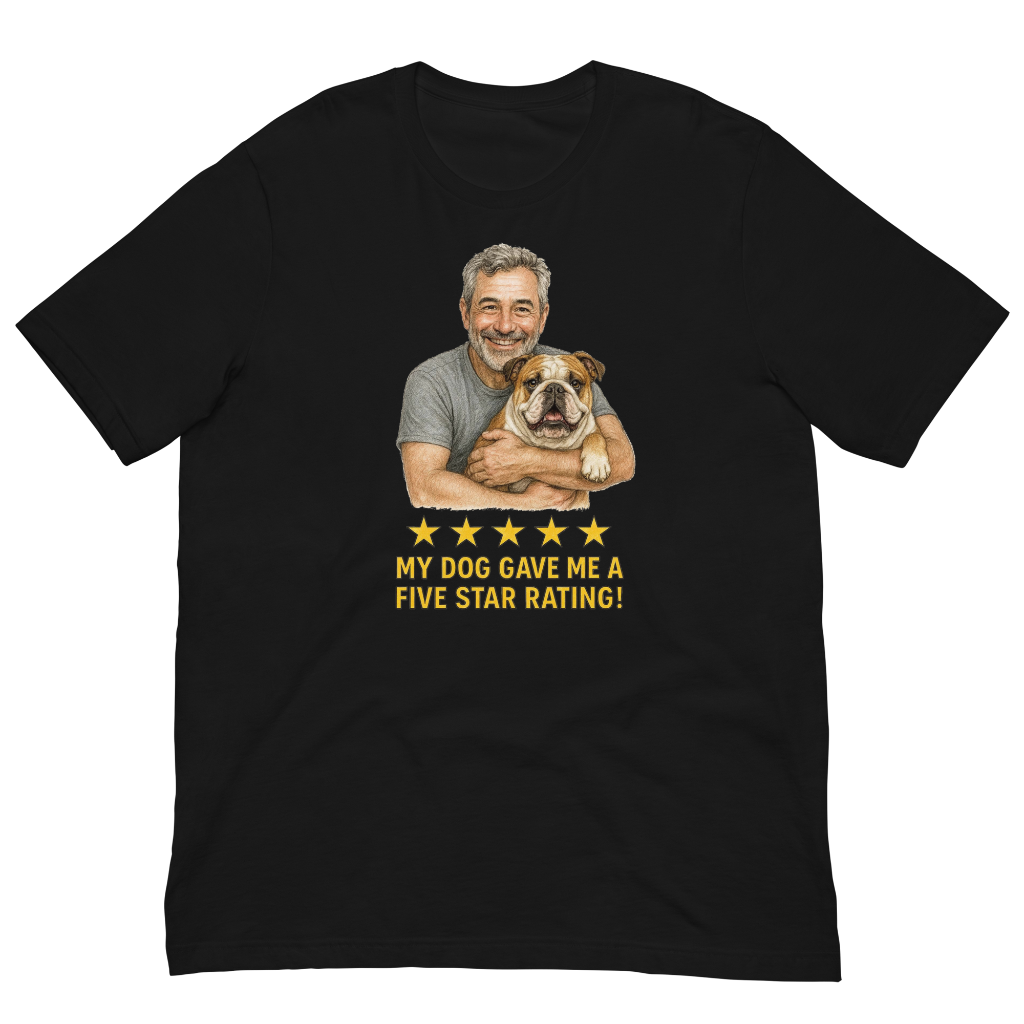 Salt & Pepper Man with Bulldog graphic tee.