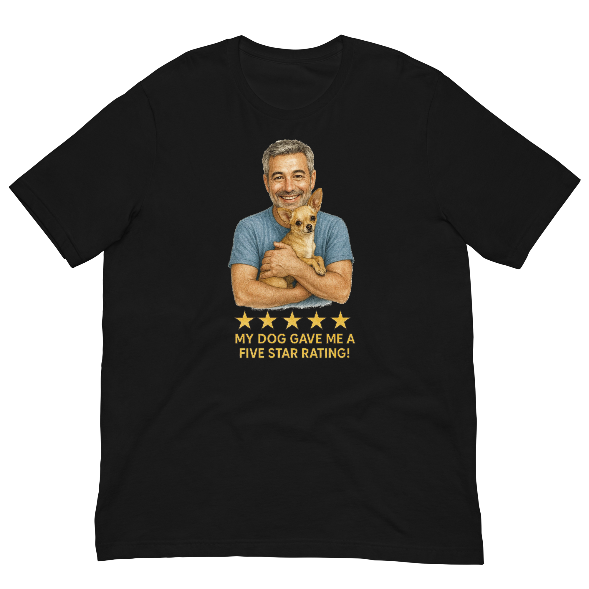 Salt & Pepper Man with Chihuahua graphic tee.