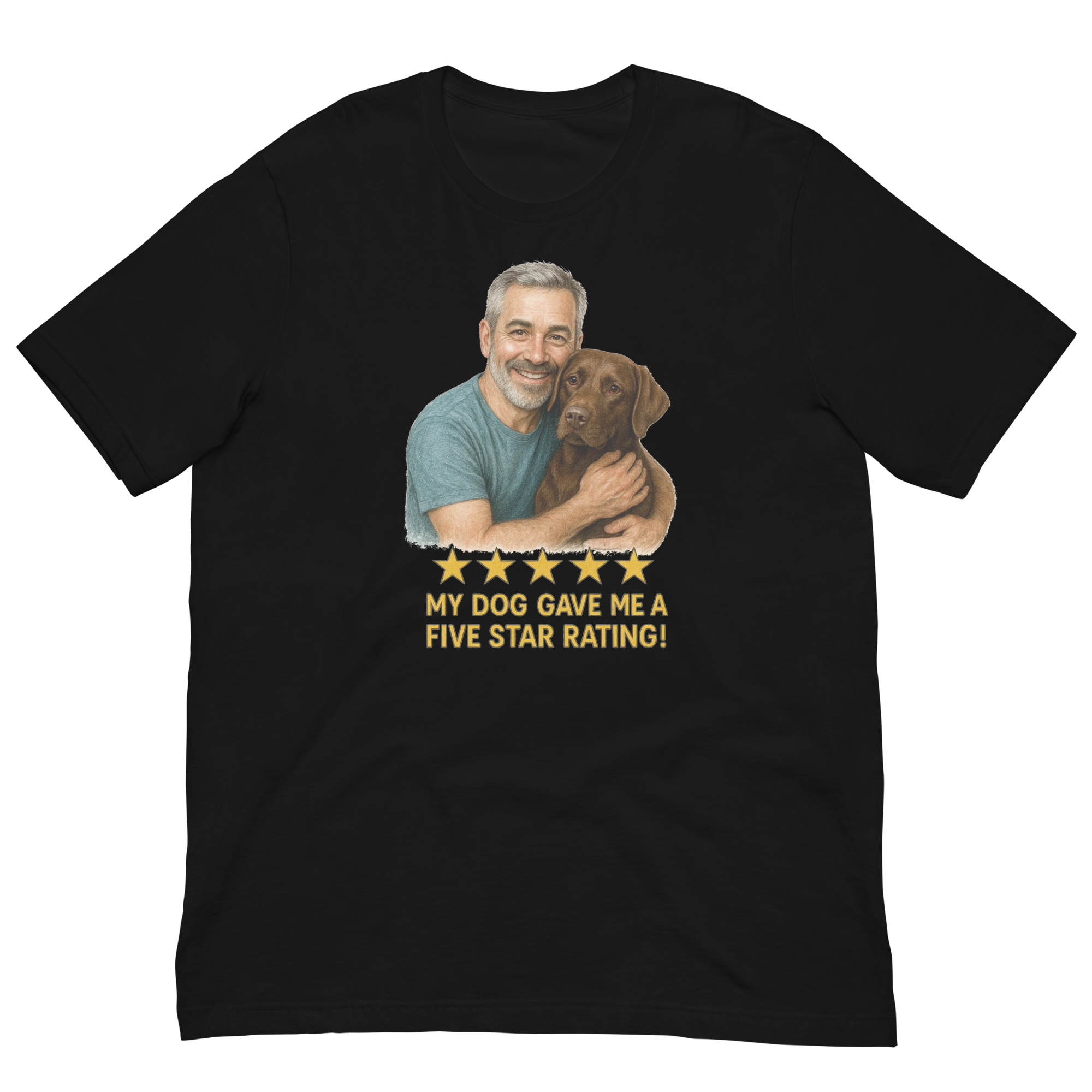Salt & Pepper Man with Chocolate Labrador graphic tee.