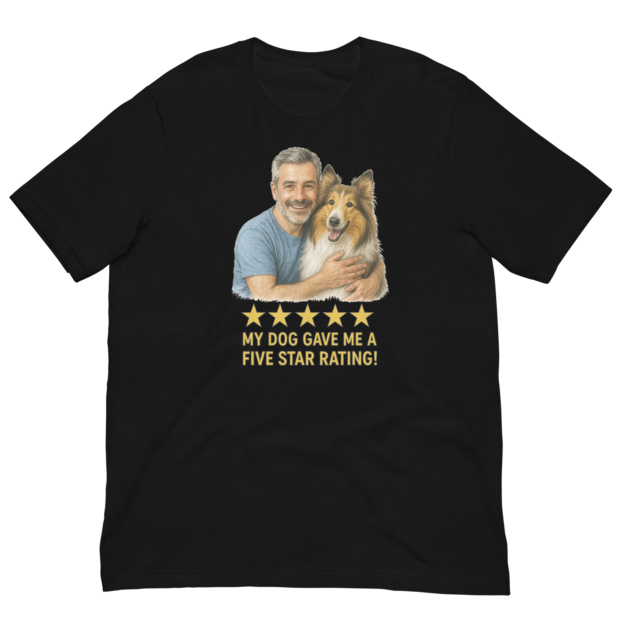 Salt & Pepper Man with Collie graphic tee.