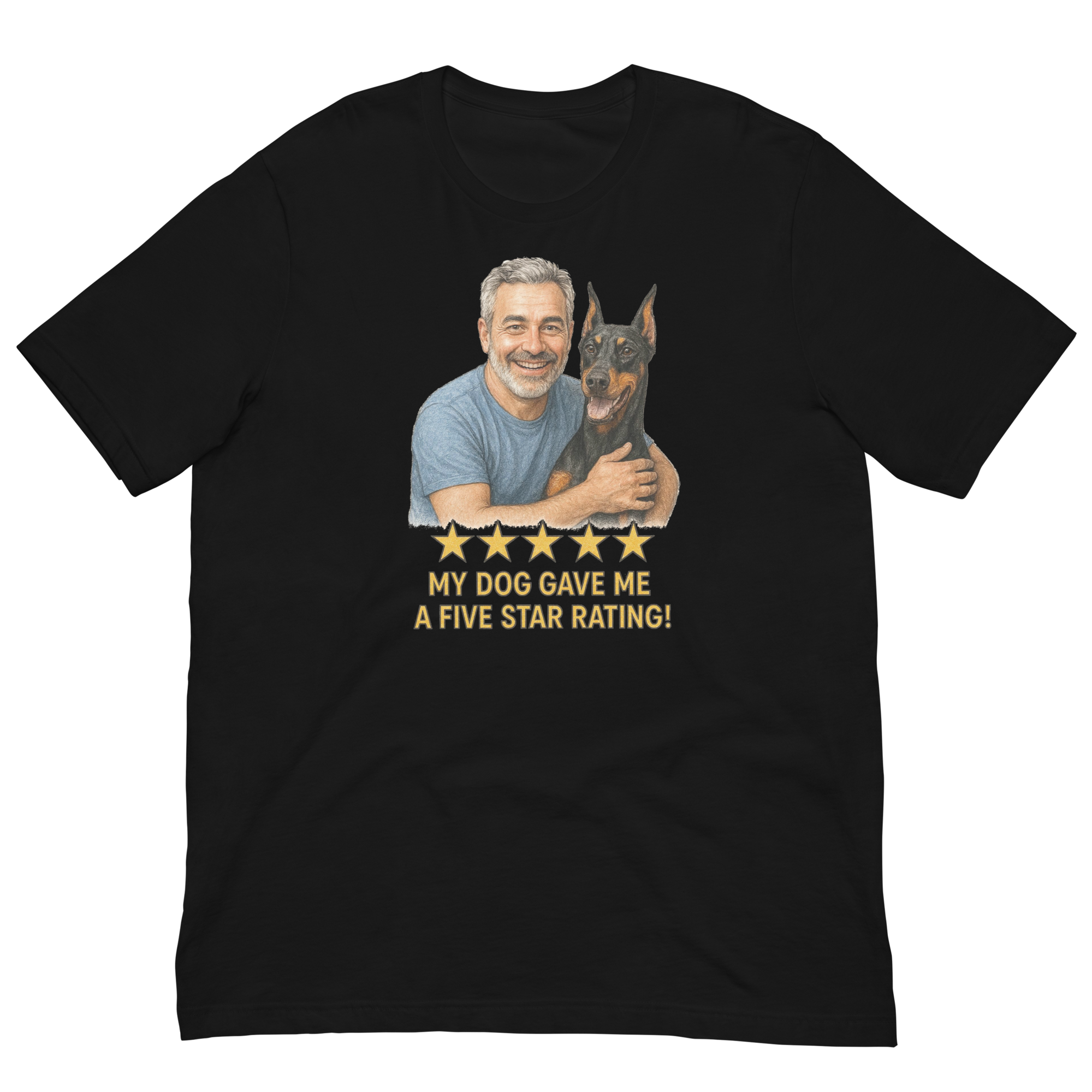 Salt & Pepper Man with Doberman Pinscher graphic tee.