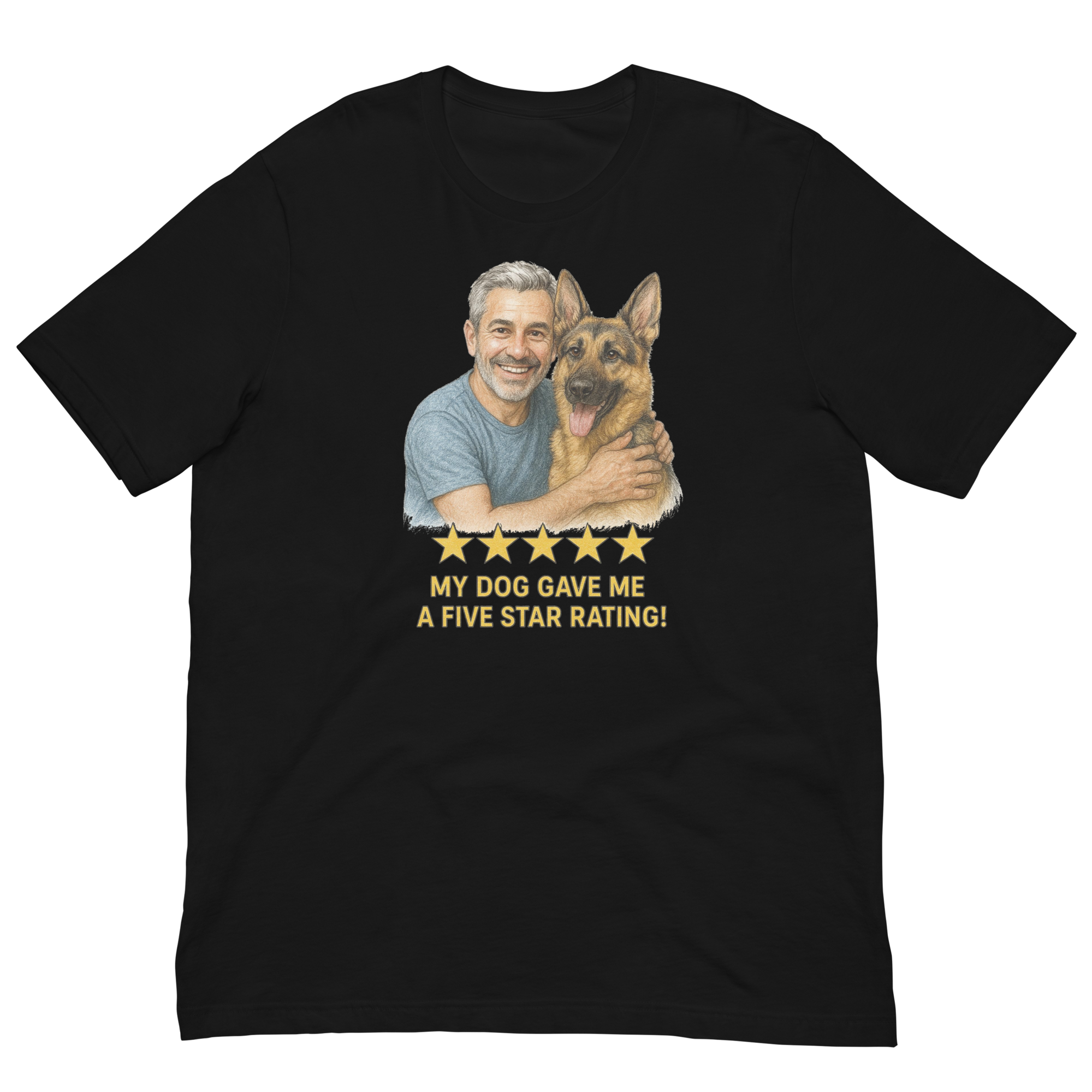 Salt & Pepper Man with German Shepherd graphic tee.
