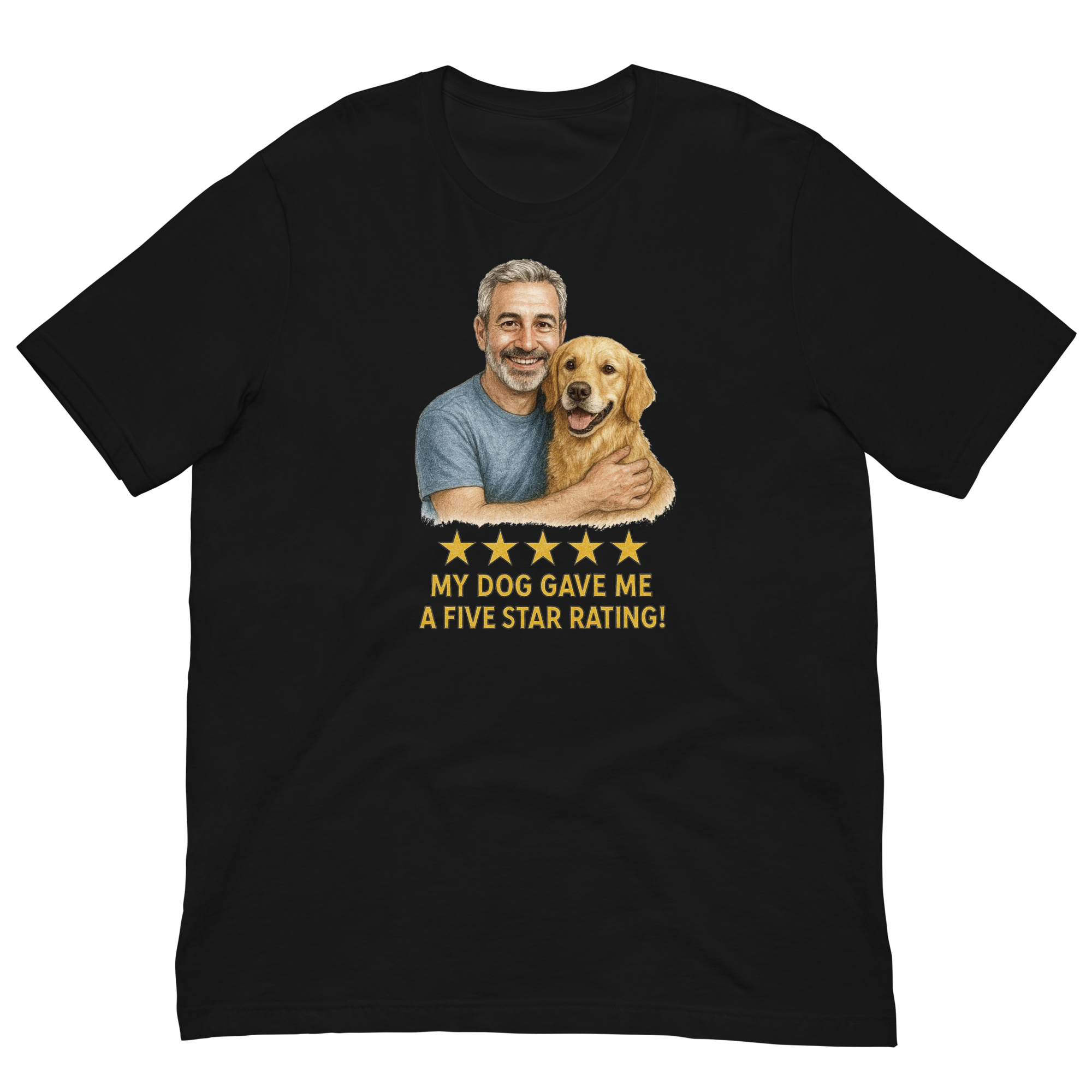 Salt & Pepper Man with Golden Retriever graphic tee.