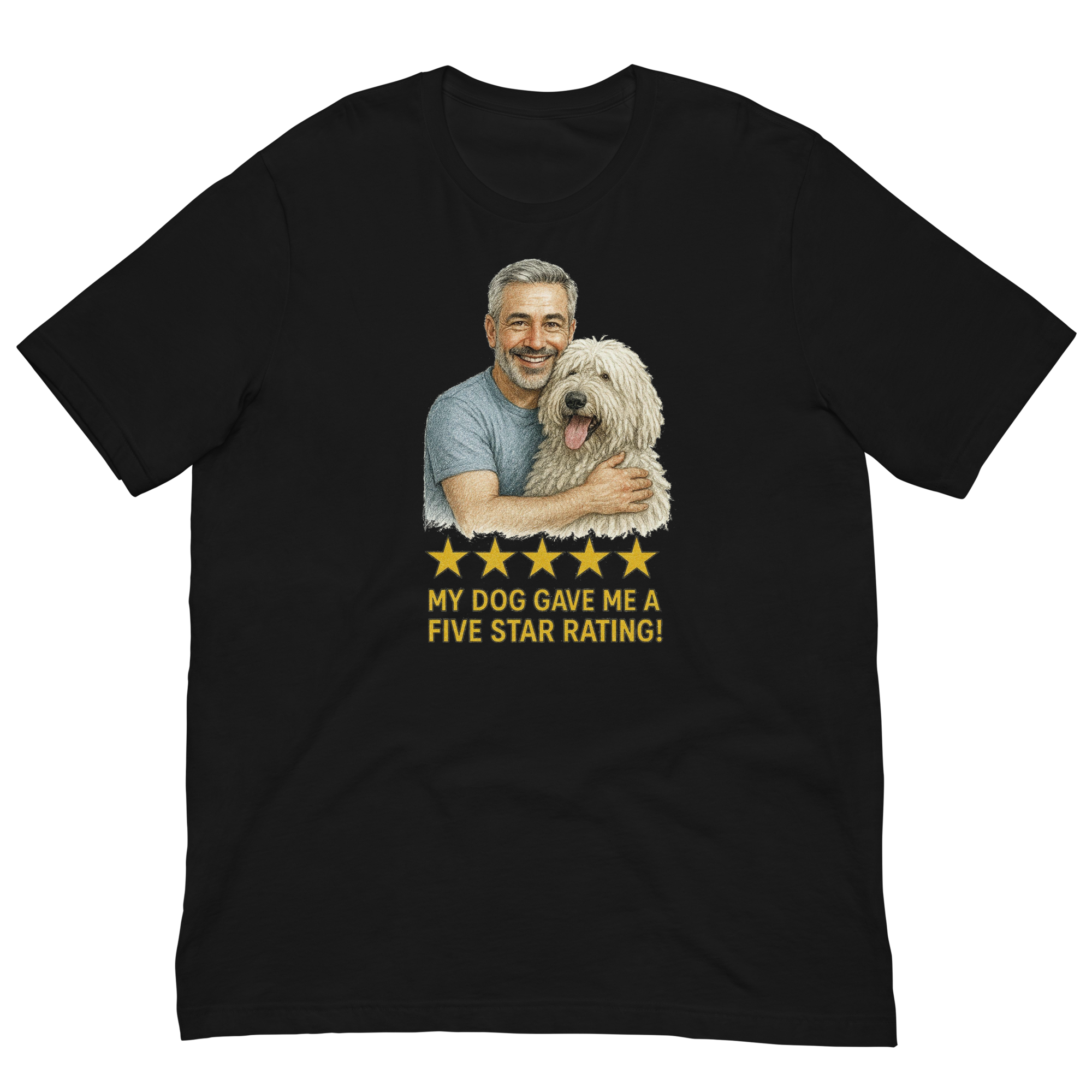 Salt & Pepper Man with Komondor graphic tee.