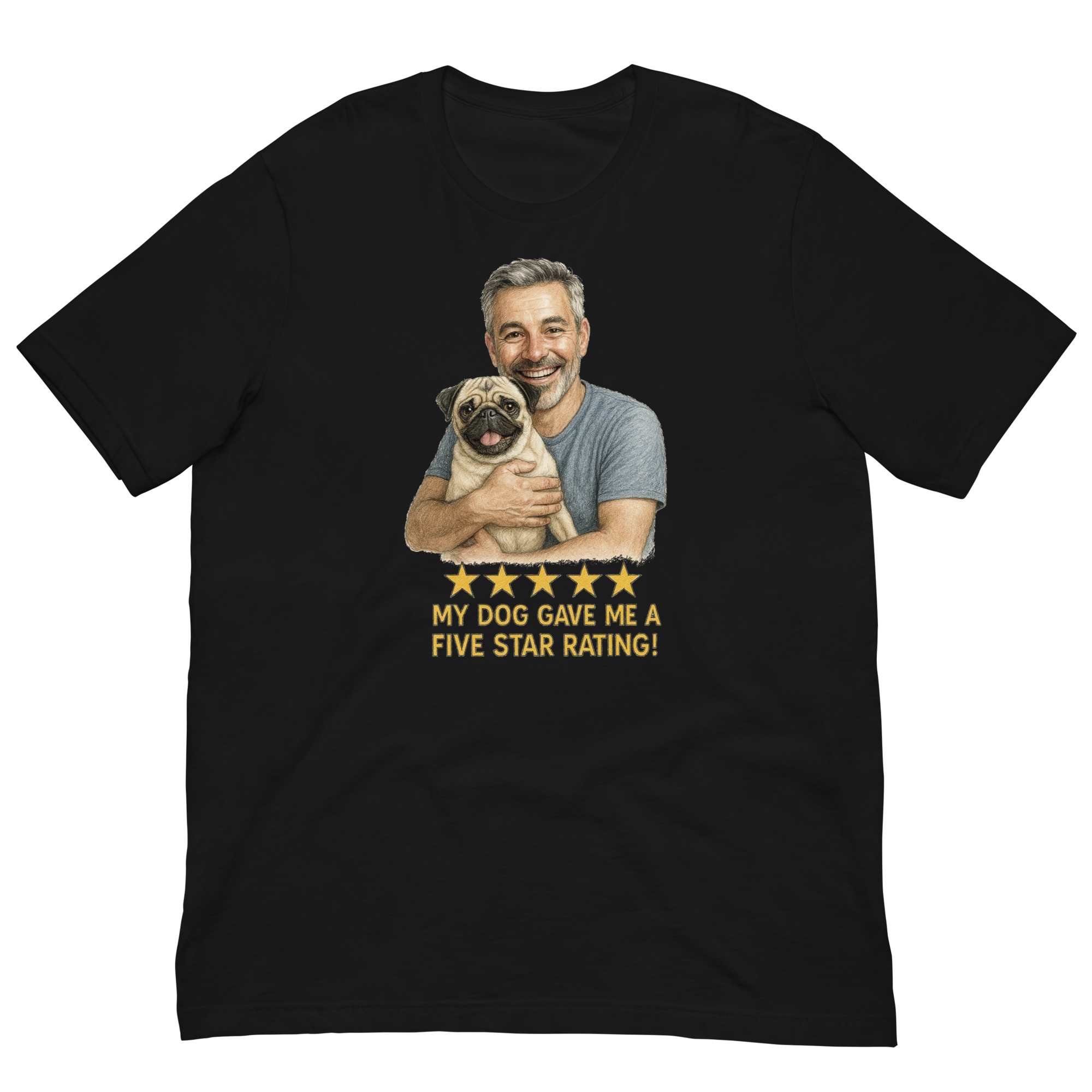 Salt & Pepper Man with Pug graphic tee.