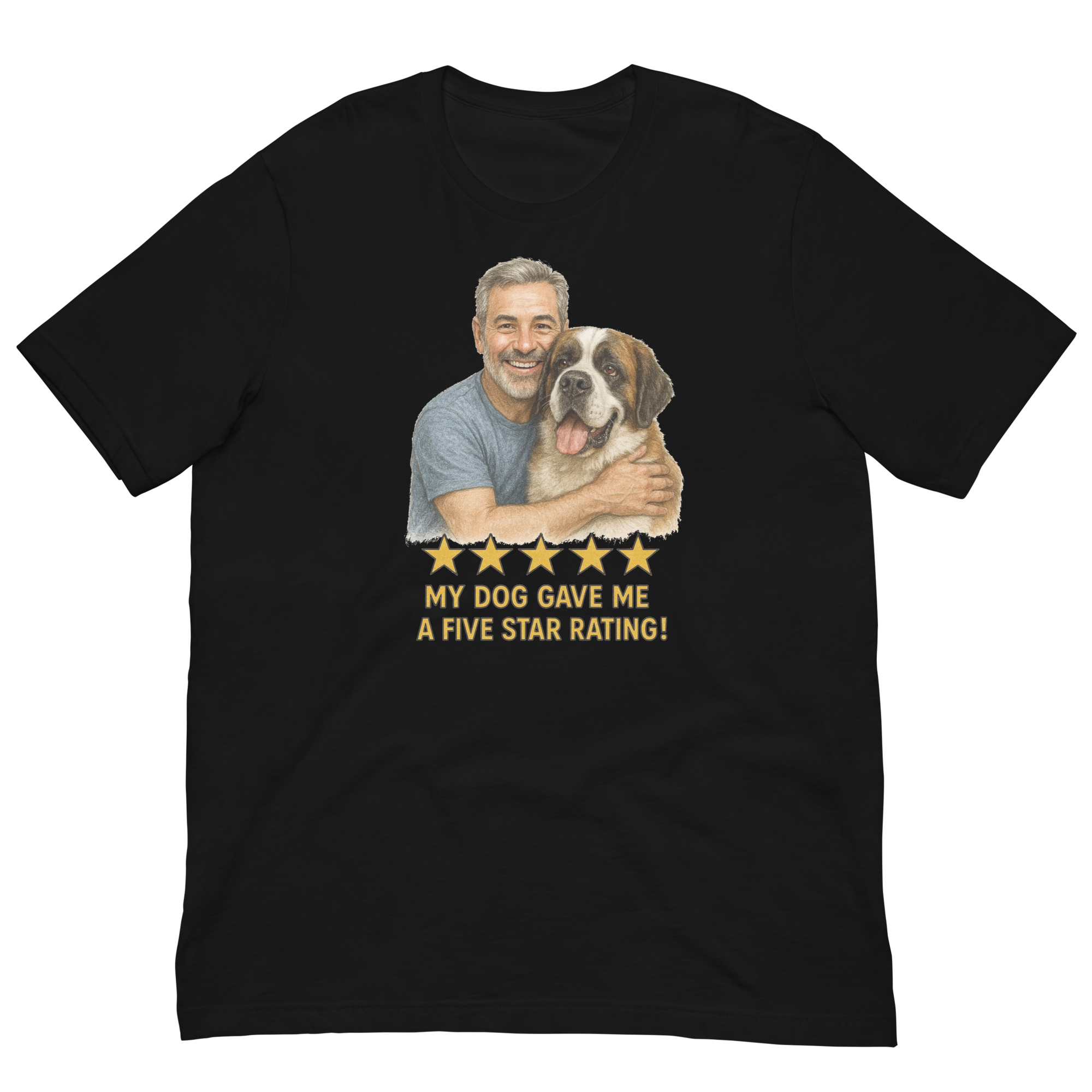 Salt & Pepper Man with Saint Bernard graphic tee.