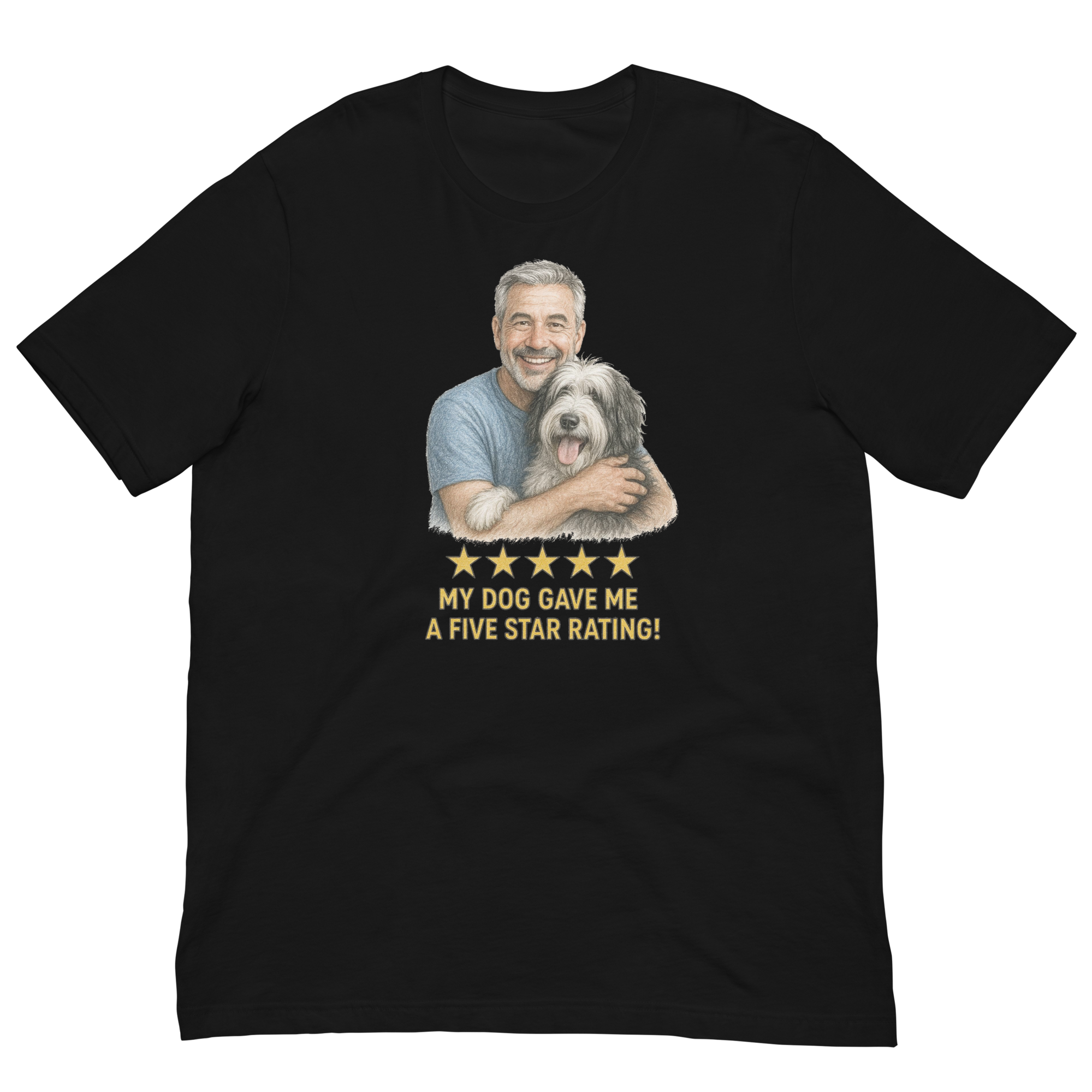 Salt & Pepper Man with Sheepdog graphic tee.