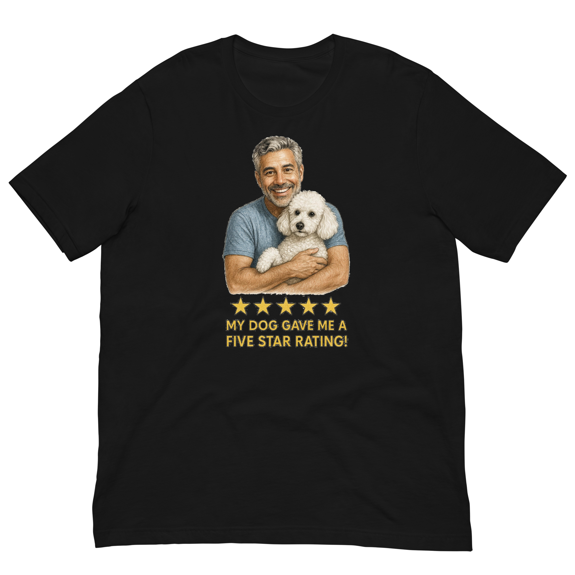 Salt & Pepper Man with White Poodle graphic tee.