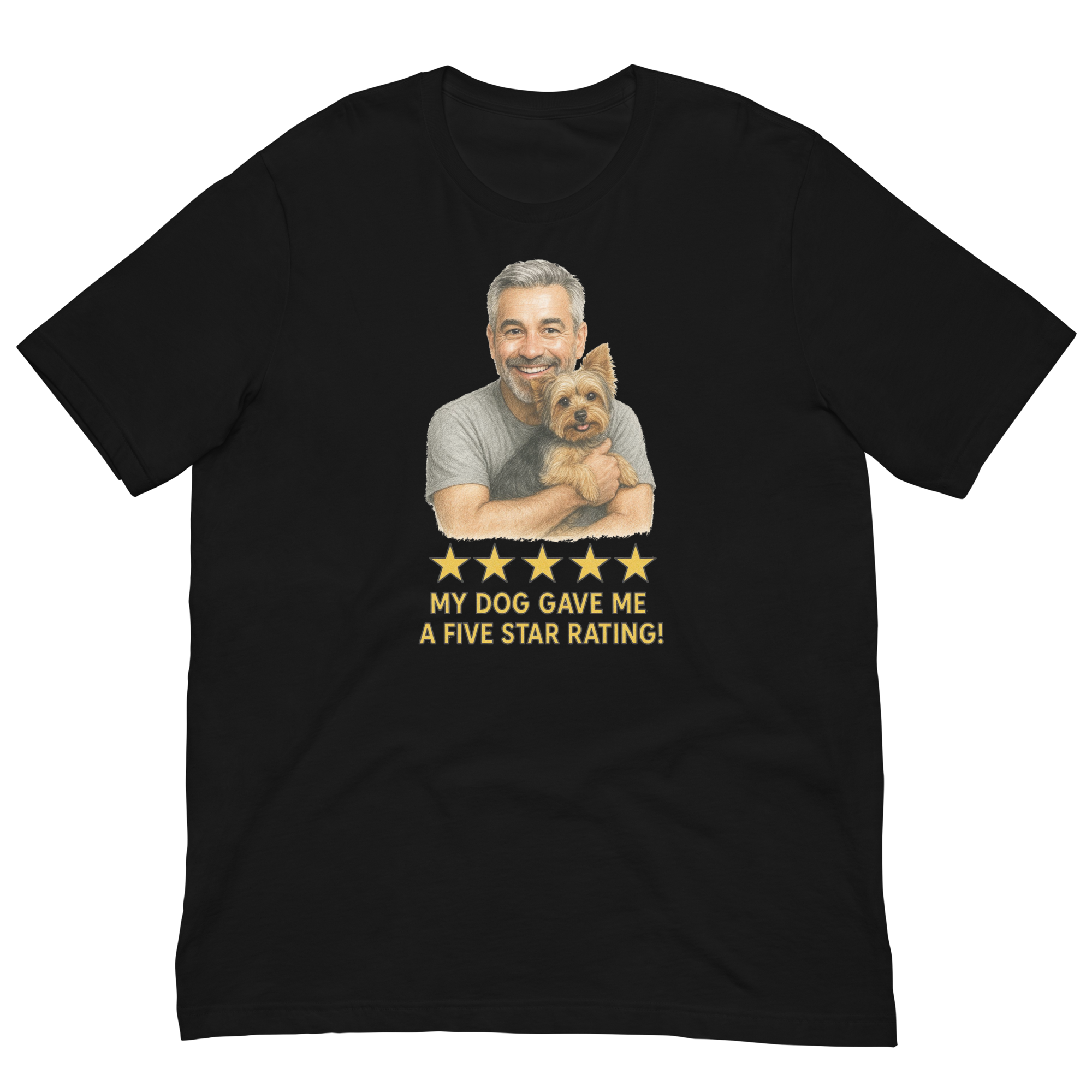 Salt & Pepper Man with Yorkie graphic tee.