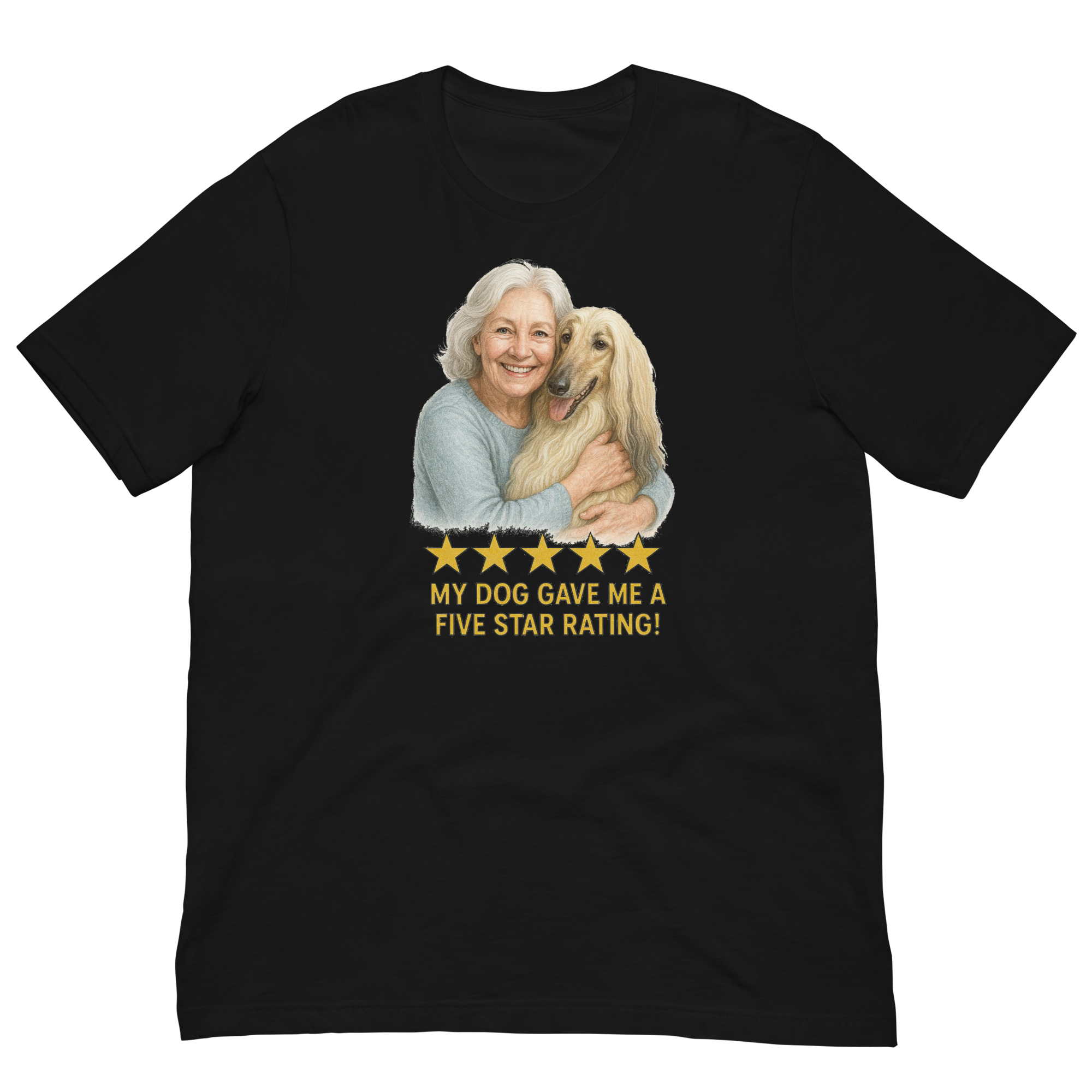 White Hair Woman with Afghan Hound graphic tee.